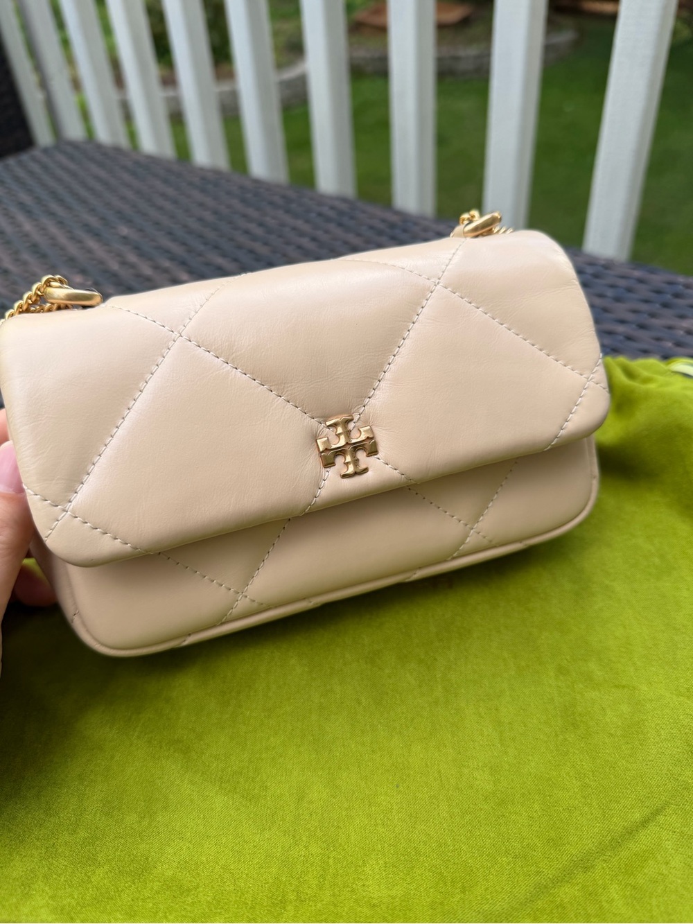 Tory Burch Quilted Leather Chain Crossbody in light beige with Gold Hardware